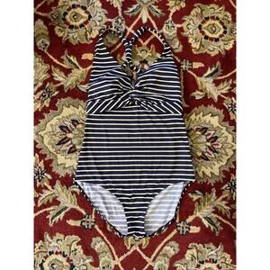 LL Bean Swimsuit Womens Size 18 Navy Blue French Stripe One Piece 1X XL Classic